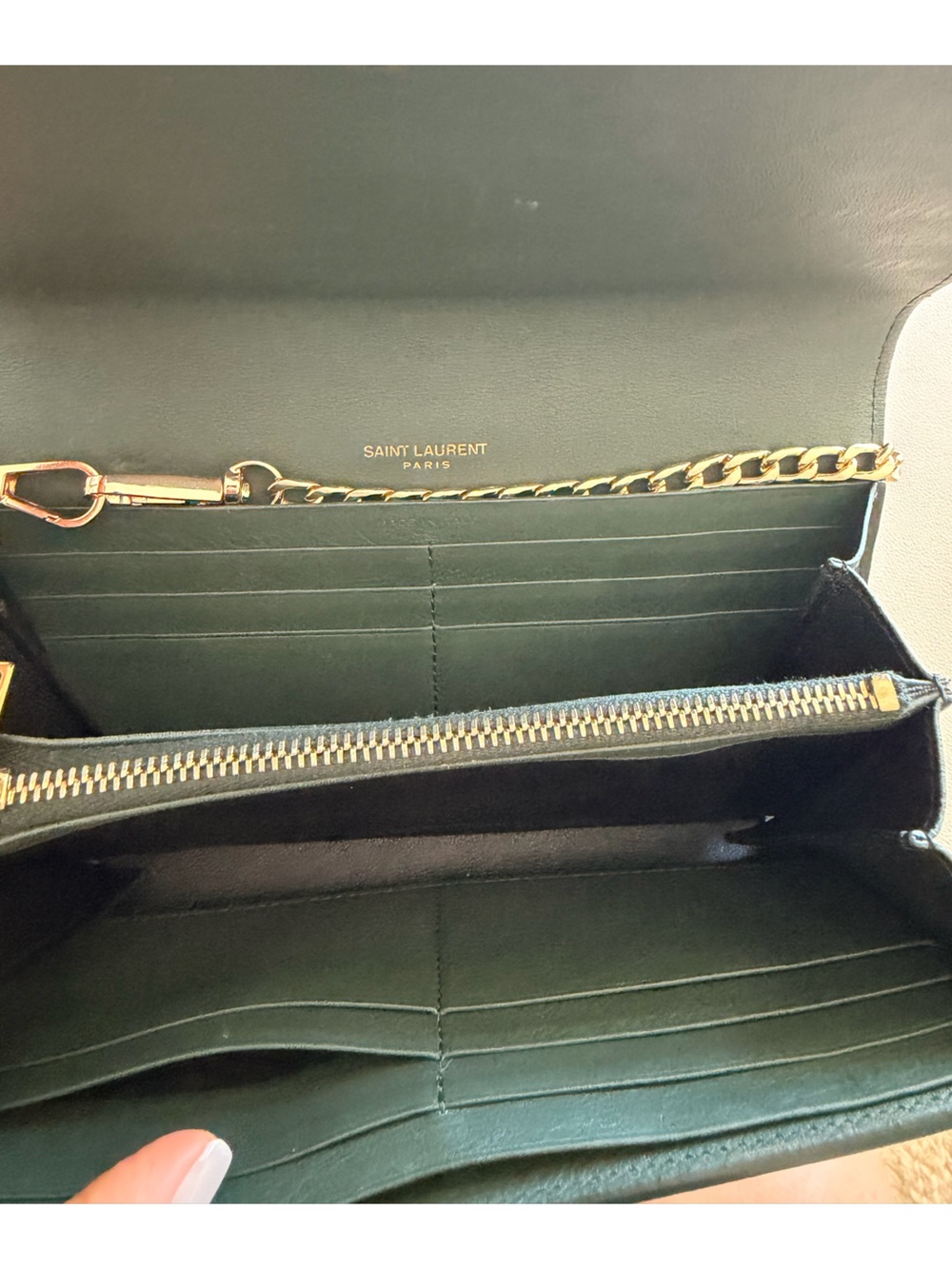Saint Laurent Forest Green Leather YSL Wallet with Gold Chain - Picture 3 of 4